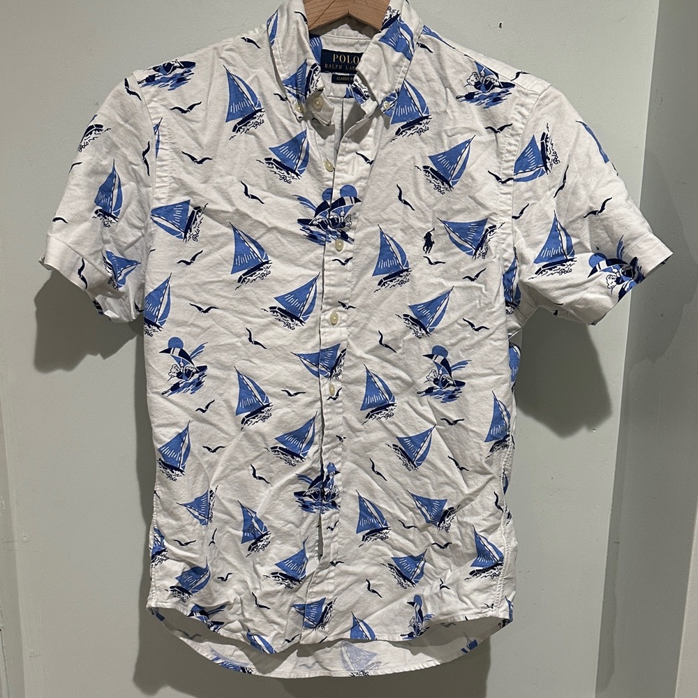 Polo by Ralph Lauren White Short-Sleeve Button-Down with Blue Sailboat Print